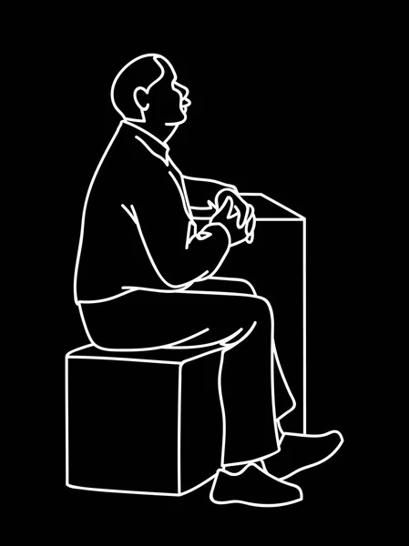 Old man crossing his hands, sitting on cube. White lines isolated on black background. Concept. Vector illustration of old man with moustache in simple line art style. Monochromatic hand drawn sketch. — Stock Vector