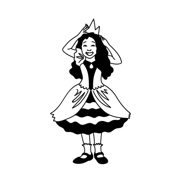 Милая маленькая девочка в праздничном платье поправляет корону на голове. Концепция. Монохромная векторная иллюстрация маленькой принцессы с длинными волосами, носящей корону на белом фоне. Ручной рисунок . — стоковый вектор
