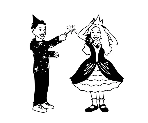 Хлопчик у святковому капелюсі тримає чарівну паличку в руці, а дівчина в сукні виправляє корону на голові. Щасливі діти розважаються. Монохромна Векторна ілюстрація хлопчика та дівчинки, що розміщуються разом на білому тлі . — стоковий вектор