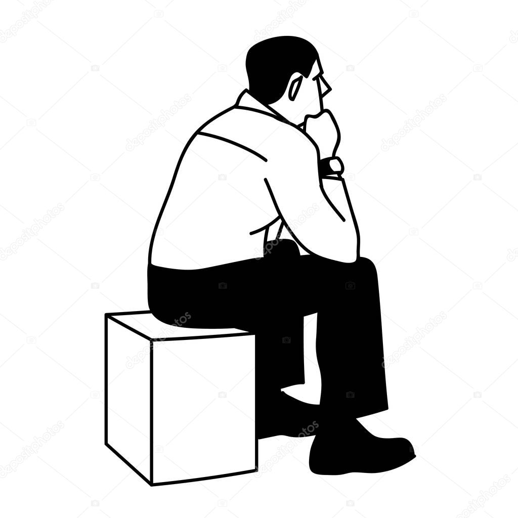 Man sitting on box. View from the back. Black lines isolated on white background. Concept. Vector illustration of serious man sitting on cube putting elbows on his knees in simple sketch style.