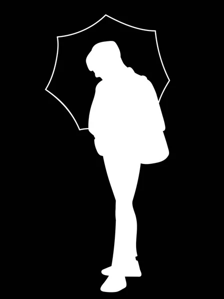 Man standing, holding umbrella in his hand. White silhouette isolated on black background. Concept. Vector illustration of man sheltering from rain and wind. Stencil. Monochrome minimalism. — Stock Vector