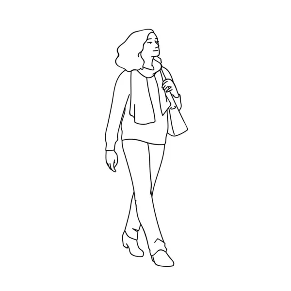 Mujer adulta con el pelo rizado dando un paseo, mirando lejos. Concepto. Ilustración vectorial de la mujer en ropa casual y bufanda caminando en algún lugar solo. Líneas negras aisladas sobre fondo blanco — Archivo Imágenes Vectoriales
