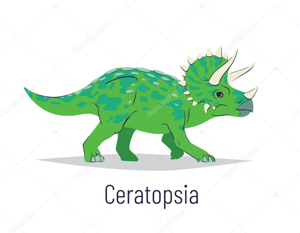 Ceratopsia. Ornithischian dinosaur. Colorful vector illustration of prehistoric creature triceratops in hand drawn flat style isolated on white background. Huge fossil dinosaur.
