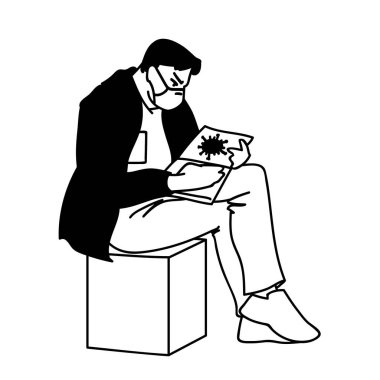 Tıbbi maskeli yetişkin adam ders kitaplarıyla oturmuş virüsler hakkında bilgi arıyor. Beyaz arka planda izole edilmiş elle çizilmiş bir doktorun vektör çizimi. Salgın, salgın konsepti