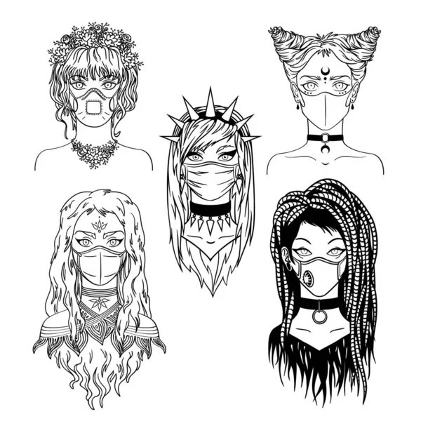 Set di ragazze subculturali alla moda che indossano diversi tipi di maschera medica. Concetto di pandemia di coronavirus. Illustrazione vettoriale monocromatica in stile disegnato a mano isolato su sfondo bianco. Moda virus . — Vettoriale Stock