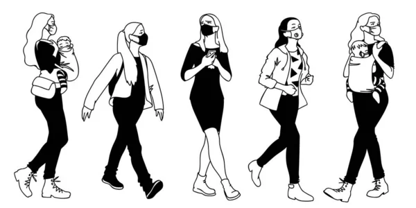 People in medical masks. Vector illustration of masked women set in sketch style isolated on white background. Respiratory protection. Facial tissue to prevent diseases, flu, pollution. Woman walking. — Stock Vector