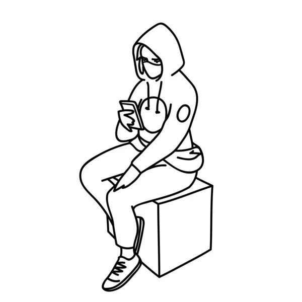 Молода жінка в медичній масці сидить на кубі, шукаючи інформацію про віруси в Інтернеті. Візуальне зображення в лінійному стилі, ізольоване на білому тлі. Дівчинка з маскою. — стоковий вектор