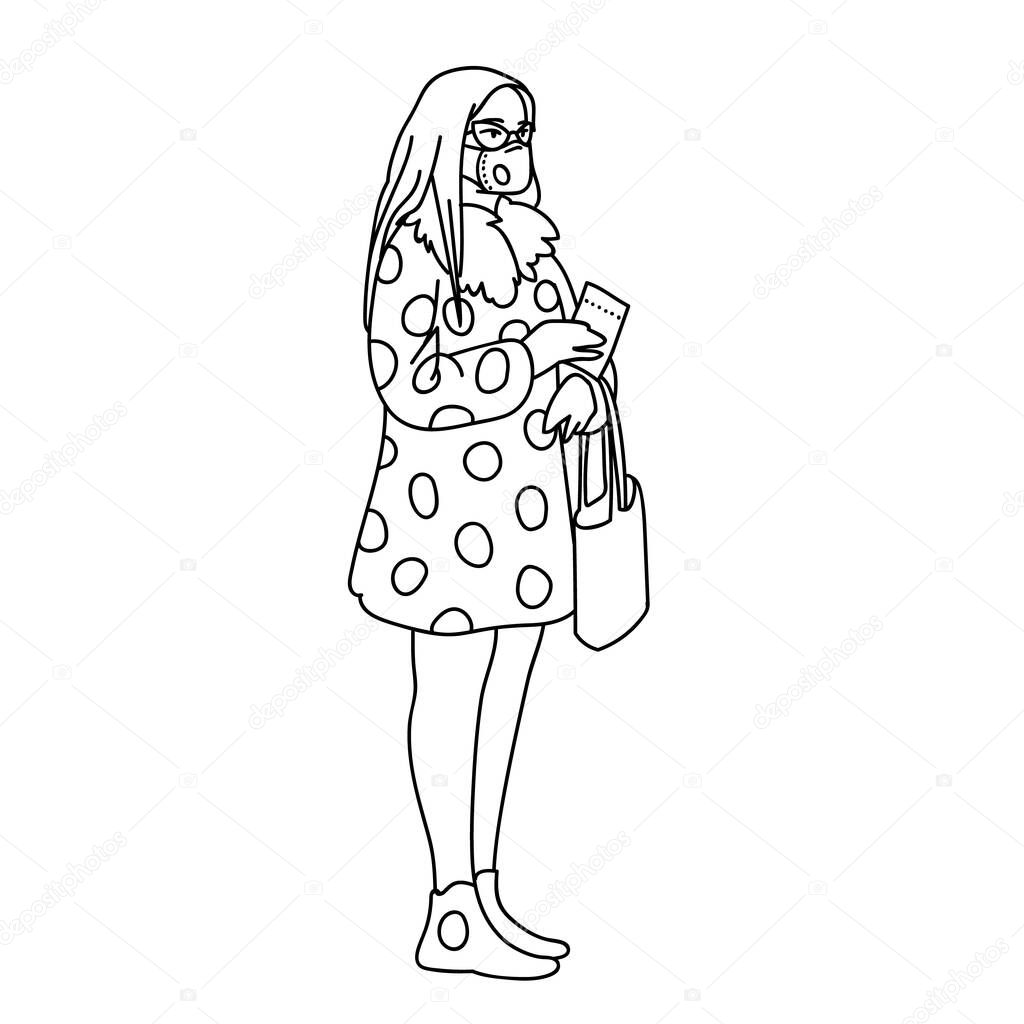 Masked young woman with long hair stands with ticket in her hand. Monochrome vector illustration in linear style on white background. Quarantine concept. Woman wants to return ticket while pandemic.