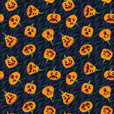 Balkabağı Cadılar Bayramı deseni. Dalgalı şenlik arka planında izole edilmiş çeşitli duygularla balkabağı kafalarının farklı formdaki temsili sunumu. Cadılar Bayramı Akşamları. Tatil şablonu vektörü.