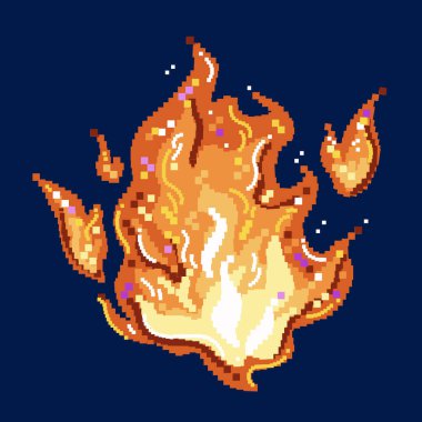 Yanan ateş elementleri çizimi. Renkli karikatür sanatı 8 bit oyun varlık çizimi kare arkaplanda izole.