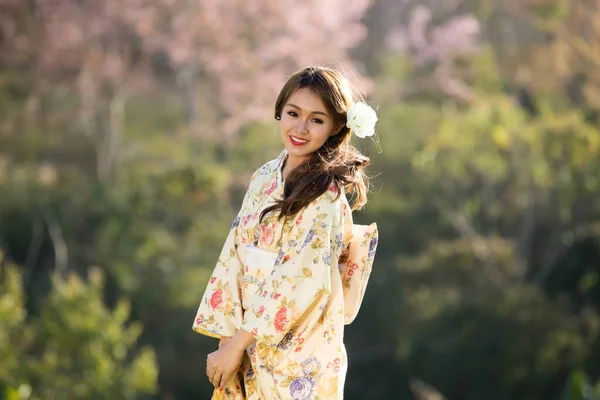 在泰国的Hhimalayan Sakura花园 亚洲妇女身穿日本传统和服 头戴红色雨伞 — 图库照片
