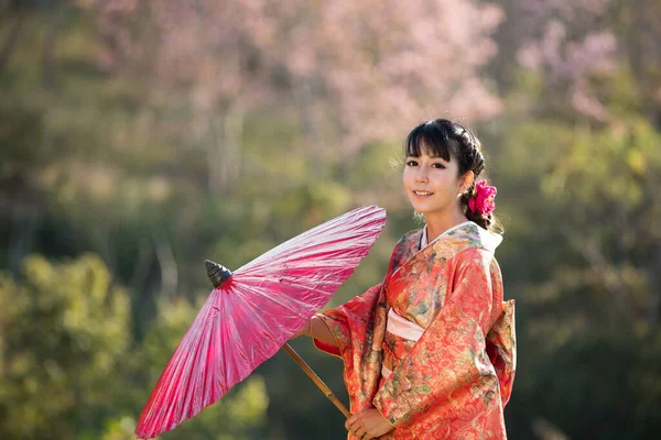 Азіатські Жінки Традиційному Японському Кімоно Червоній Парасолі Гімалайському Саду Сакури — стокове фото