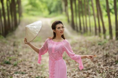 Ao Dai ile Taylandlı kızların portresi, Vietnam geleneksel elbisesi, Ao dai Vietnam 'daki kadınlar için ünlü bir geleneksel kostümdür..