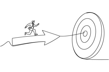 Minimalist bir çizgi, büyük bir ok üzerinde koşan takım elbiseli bir işadamını resmediyor. Ok direkt olarak eş merkezli daireleri olan bir hedefi gösteriyor. İllüstrasyon, beyaz arkaplan üzerinde tek bir sürekli siyah çizgi şeklinde gösterilir. 