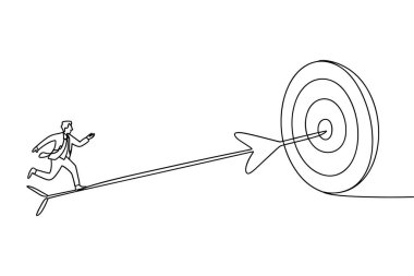 Bu minimalist tek çizgi takım elbiseli ve kravatlı bir işadamını ok üzerinde gezerken resmediyor. Ok yatay olarak büyük bir okçuluk hedefine doğru uçuyor, ok ucu hedefi delip geçiyor. İş adamını koşarken görüyoruz.