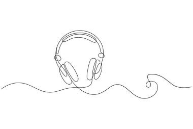 Bu resim bir çift kulaklığın sürekli çizimi. Kulaklıklar karakteristik saç bandı ve kulaklıkları ile tasvir edilir, tek bir akış hattıyla birbirine bağlıdır. Kulaklıkların birinden sağa doğru dalgalı bir kablo uzanıyor.. 