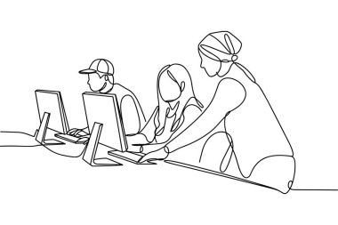 Bu aralıksız çizim, bilgisayarlarla uğraşan üç kişiyi gösteriyor. İki şahıs sıralarında otururken, üçüncü bir şahıs da arkalarında duruyor ve rehberlik veya talimat veriyor gibi görünüyor. Tarzı minimalist, biz.