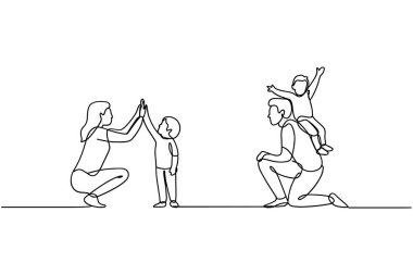 Bu çizgi, iki farklı etkileşime sahip bir aile sahnesini tasvir ediyor. Sol tarafta, bir anne ve oğul beşlik çakarak bir bağlantı anını ve ortak başarıyı simgeliyor. Sağda, bir baba oğlunun önünde diz çöküyor.