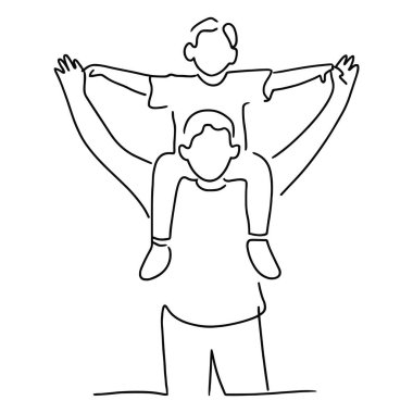 Oğlunu omuzlarında taşıyan bir babayı tasvir eden minimalist bir çizgi. Baba arkadan gösteriliyor, kollarını çocuğa destek olmak için açıyor. Oğul, kolları açık babasının omuzlarında oturuyor. Çizim