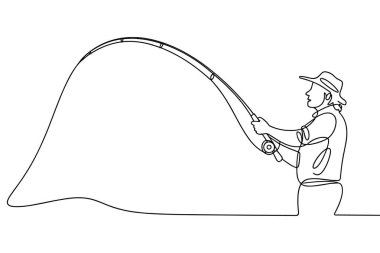 Bu çizgili resimde bir adam var, muhtemelen olta tutan bir balıkçı. Çubuk eğik, bu da kavisli olduğunu gösterir ve misina çarpıcı bir şekilde kıvrılır. Sahne, balık tutarken bir halat atma eylemini yakalıyor, basit bir kazığa karşı çekiliyor.