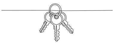 Minimalist bir çizgi, yatay bir çizgide asılı duran anahtarlıkla birbirine bağlı dört anahtar sergiliyor. Her anahtar, kendine özgü yay ve tırtıklı bir parça ile yapılır. Eserler beyaz arkaplan üzerinde tek bir siyah çizgi halinde sunuluyor.