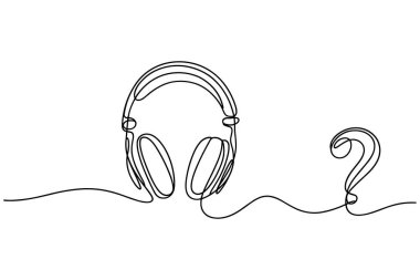 Bir minimalist çizgi çizimi bir soru işaretinin yanında bir çift kulaklık gösteriyor. Çizim, kulaklıkların ve noktalama işaretlerinin ana hatlarını oluşturan tek bir sürekli çizgi ile yaratıldı. Kulaklıklar ses ya da müziği önerirken,