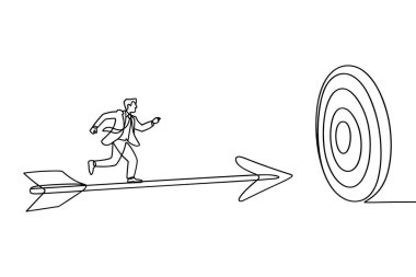Bu çizgili resim, takım elbiseli bir adamın büyük bir okun üzerine yerleştirildiğini gösteriyor. Ok, uçuşun ortasında tasvir ediliyor, hedef tahtaya doğru gidiyor. Basit siyah-beyaz tasarım, yönlendirilmiş ilerleme ve bir s 'nin takibi kavramını vurgular.