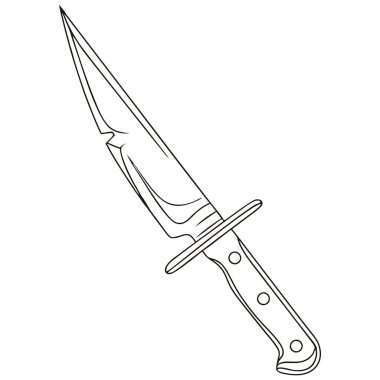 Bir savaş bıçağının basit bir çizimi. İllüstrasyonda keskin, sivri uçlu, belirgin bir zemin ve bir yaya geçidi var. Sapı dairesel detaylar ve kıvrımlı bir uçla tasvir edilmiş. Bıçak hafifçe açılı bir açıyla sunuluyor. 