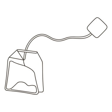 Beyaz arka plandaki çay poşetinin basit bir çizgisi çizimi. Çay poşeti küçük kare bir etikete kadar uzanan ipiyle tasvir edilir. Ana hatları temiz ve minimal, çay poşetinin temel şekline ve bileşenlerine odaklanmış..