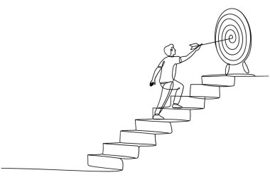 Bu çizgi çizimi, bir kişinin hedefine doğru bir dizi adım attığını ve ortasında bir ok olduğunu gösteriyor. Merdivenlerdeki kişinin yukarı doğru hareketi ilerlemeyi ve bir hedefe ulaşma yolunda tırmanmayı simgeler. Temiz, contin.