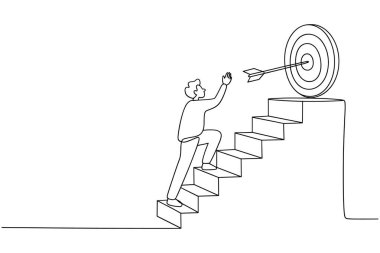 Minimalist bir çizgi, merdivenlerden çıkan bir kişiyi resmediyor. Kişi, merkeze saplanmış bir okla yukarıya doğru uzanıyor. Resim, beyaz bir arkaplan, sembolizin karşısında sürekli tek bir çizgi biçiminde oluşturulur.