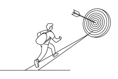 Bu minimalist çizimde bir kişi bir rampaya doğru koşuyor. Hedefe doğru. Hedefe isabet eden bir ok tasvir edilir. Sanat eserleri beyaz arkaplan üzerinde tek bir sürekli çizgi kullanır, ilerleme ve çabalama fikrini iletir 