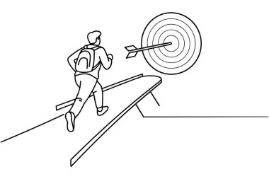Minimalist bir çizim sırt çantalı bir kişinin koşup ileriye sıçradığını gösteriyor. Kişi yükseltilmiş bir platformda ya da rampada, merkezinde bir ok bulunan büyük bir okçuluk hedefine doğru ilerliyor. Görüntü bir amaca ulaşmayı simgeliyor.