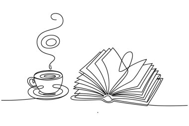 Minimalist bir tek çizgi açık bir kitabın yanındaki fincan tabağında tüten bir kahve fincanı tasvir ediyor. Kahvenin buharı dekoratif bir girdap içinde yukarı doğru kıvrılır, kitabın sayfaları açılır. Tüm illüstrasyon bir araya getirilir.