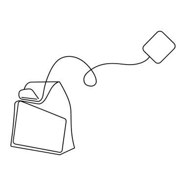 Minimalist bir çizgi kare etiketli tek bir çay poşetini gösteriyor. Çay poşeti, etikete bağlanmak için kıvrımlı olan ipiyle gösterilir. Tüm kompozisyon beyaz arka planda siyah bir hatla çizilmiş, temiz ve u 'yu vurguluyor.