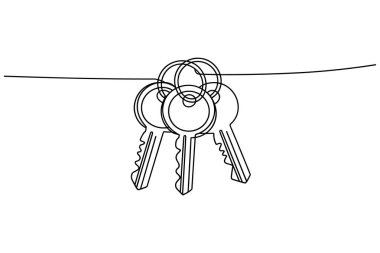 Minimalist bir çizgi, yatay bir çizgide asılı duran bir anahtarlığa üç anahtar çizer. Anahtarlar farklı dişleri ve yay şekilleriyle tasvir edilir. İmaj, temiz beyaz bir arka gruba karşı tek bir siyah çizgide gösterilir.