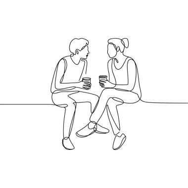 Bu resim, her biri bir bardak tutan iki kişinin oturup sohbet ettiği sürekli bir çizgi çizimidir. Sanatsal stil, figürlerini ve sahip oldukları nesneleri özetlemek için tek ve kesintisiz bir çizgi kullanır. Rahatlamış görünüyorlar. 