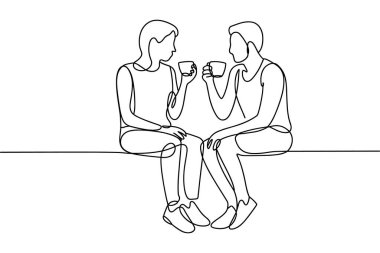 Aralıksız çizilen bir çizgi, iki insanın yan yana oturduğunu gösteriyor, her biri bir fincan tutuyor ve sohbet ediyor gibi görünüyor veya paylaşılan bir anın tadını çıkarıyor. Vücutları basit, akışkan tek bir çizgi şeklinde tasvir edilir. İkisi de gündelik giyinmiş. 