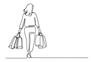 Bu tek çizgi, bir kadının izleyiciden uzaklaştığını gösteriyor. Her iki elinde de alışveriş torbaları var. O yüksek topuklu giyiyor, modasına bir detay ekliyor. Sanat eserleri, beyaz arka planda sürekli siyah bir çizgi, bir müşteriyi temsil ediyor..