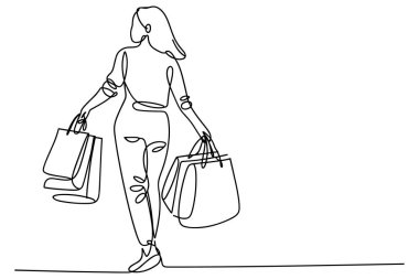 Devamlı siyah bir çizgi, elinde alışveriş torbalarıyla izleyiciden uzaklaşan bir kadının ana hatlarını oluşturuyor. Sanat eserleri, beyaz arka planda basit, minimalist bir illüstrasyondur. Bir alışveriş deneyiminin özünü yakalar..