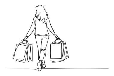 Minimalist bir çizim, her iki elinde birer poşet olan iki alışveriş poşeti taşıyan bir kadının seyirciden uzaklaştığını gösteriyor. İllüstrasyon, beyaz arka planda, alışveriş ve tüketim faaliyetlerini vurgulayan sürekli siyah bir çizgide sunuluyor.