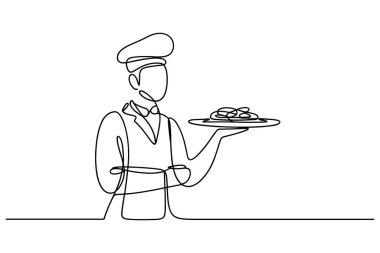 Minimalist bir çizim, şef şapkası ve papyonu takan ve elinde spagetti tabağı tutan üniformalı bir şefi resmediyor. Şef kollarını kavuşturmuş, tabağı sunuyor. Sanat eserleri, beyaz bir arka Grou üzerinde kesintisiz bir çizgi şeklinde oluşturulmuştur.