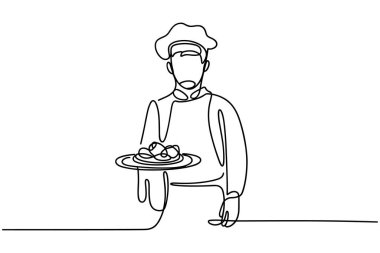 Bir şef, beyaz arka planda, elinde bir tabak yiyecek olan kesintisiz bir sanat tarzıyla tasvir edilir. Şef geleneksel bir şapka ve üniforma giyer ve tabak makarna ya da spagettiye benzer bir şey içerir. Tek çizgili çizim tekniği... 