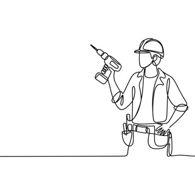 Tek bir çizgi, bir inşaat işçisinin kasket ve alet kemeri taktığını gösteriyor. Sağ elinde bir matkap tutuyor, sol eli kalçasında dinleniyor. Minimalist stil, figürün ana hatlarını ve ekipmanlarını vurgular. 