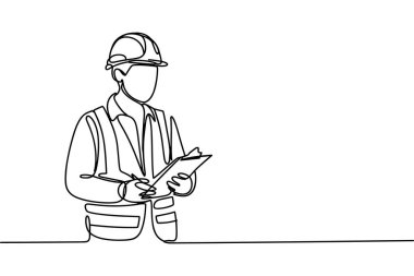 Bu tek çizgi, bir inşaat işçisinin sıkı bir şapka ve yüksek görüş mesafesi olan bir güvenlik yeleği giydiğini gösteriyor. İşçi elinde bir not tahtası ve kalem tutuyor. Yazıyor ya da not alıyor gibi görünüyor. Duruşları dikkat ve dikkat gerektiren detaylar, muhtemelen d