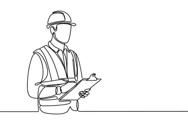 Minimalist tek çizgili bir çizimde, çelik yelek ve şapka takan bir inşaat işçisi yer alıyor. Elinde bir pano var ve bir belgeyi ya da listeyi inceliyor gibi görünüyor. Temiz taslak, işçinin mesleğini vurguluyor