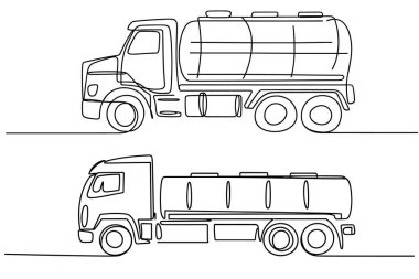 Birbirinin üzerine yerleştirilmiş iki tanker kamyonunun yer aldığı minimalist sürekli bir hat. Her iki kamyon da silindirik tankları ve tekerlekleriyle profilden tasvir edilmiş. Çizim biçimi basit ve temiz, formu vurguluyor.