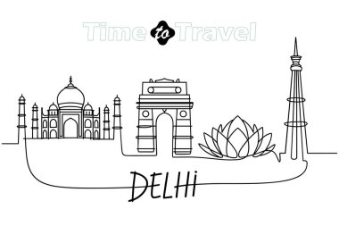Delhi siluetinin minimalist bir sanat çizgisi çizimi. Çizimde Tac Mahal, Hindistan Kapısı, bir nilüfer çiçeği ve uzun bir kule gibi ikonik Hint işaretleri yer almaktadır. Şehrin adı 
