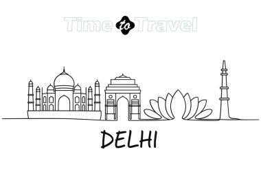 Delhi siluetinin minimalist bir sanat çizgisi çizimi. Delhi, Hindistan 'ın ikonik simgeleri beyaz arka plana karşı sürekli siyah bir çizgide resmedilmiştir. Bunlar; Taj Mahal, Hindistan Kapısı, Lotus Tapınağı ve Kutub Minar 'dır. Metin: 