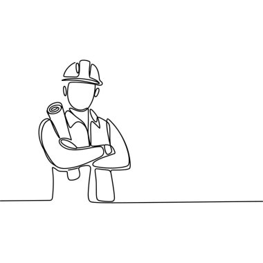 Bu tek çizgi, bir mühendis ya da mimar tarafından çekilen sabit bir şapka ve yakalı bir gömlek içerir. Kişi, kollarında kollarını kavuşturmuş bir takım planlar ya da planlar tutuyor. Duruş bir hazırlık duygusu taşır.